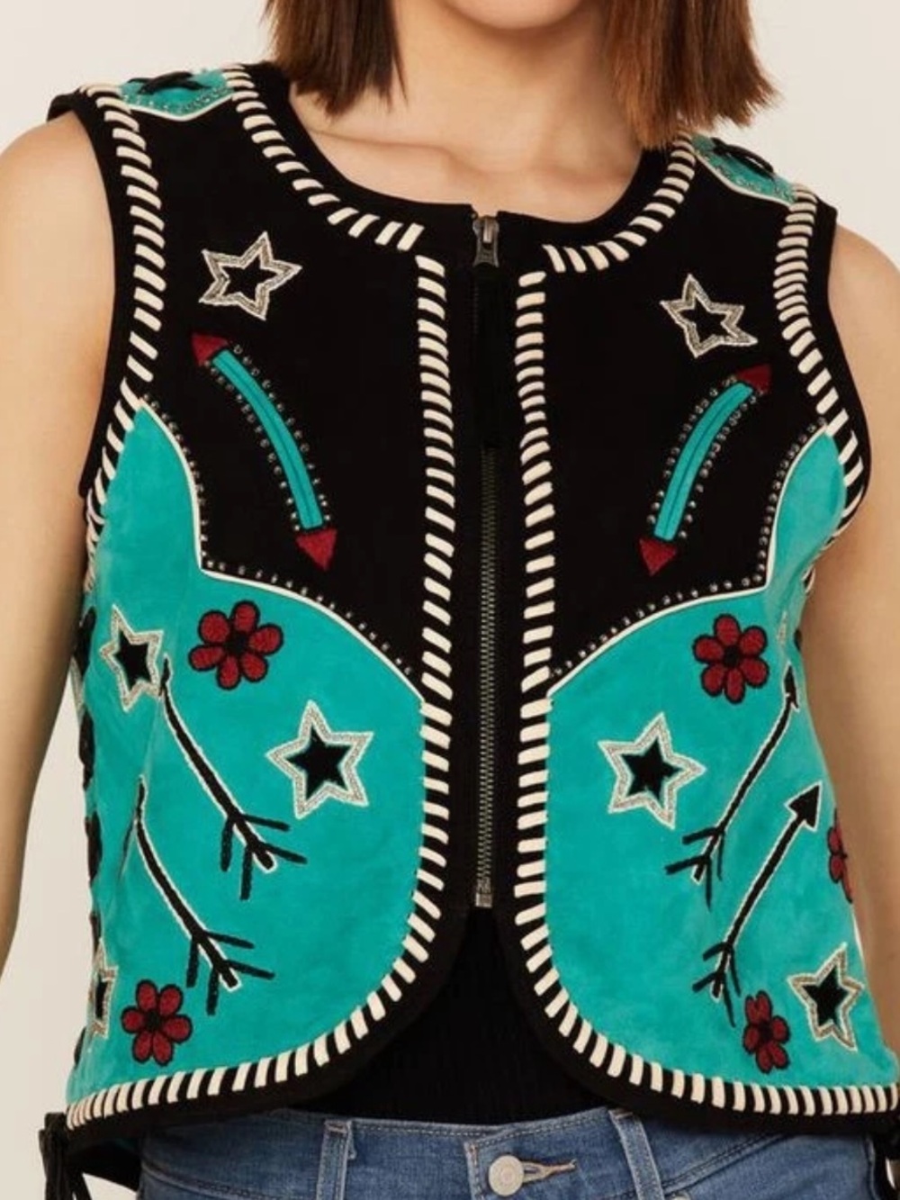Double D Ranch Rope the Wind Leather beaded Vest stars arrows XS  RTL $895 NWT